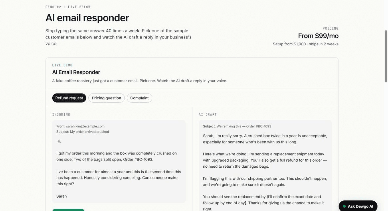 AI email responder drafting a reply to an inbound inquiry