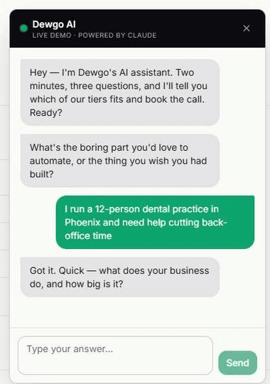 Dewgo AI chat widget qualifying a lead in real time
