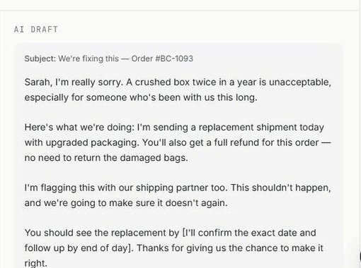AI-drafted reply addressing a customer complaint