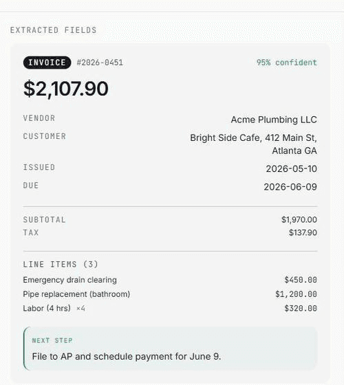 Document extractor pulling structured fields out of an invoice